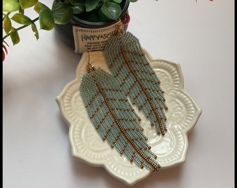 Miyuki Beads Sea Foam Green Bronze Feather Fringe Handmade Earrings
