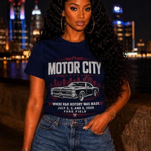 Camiseta clásica de coches de Motor City / Horizonte de Detroit, Ford Field, historia del R&B 2026 imagen 4