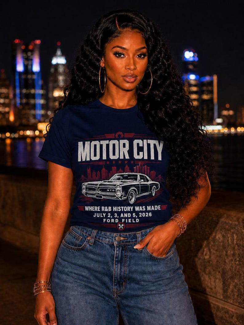 Camiseta clásica de coches de Motor City / Horizonte de Detroit, Ford Field, historia del R&B 2026 imagen 4