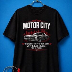 Camiseta clásica de coches de Motor City / Horizonte de Detroit, Ford Field, historia del R&B 2026 imagen 3