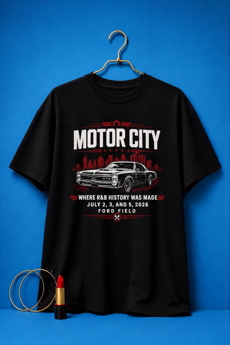 Camiseta clásica de coches de Motor City / Horizonte de Detroit, Ford Field, historia del R&B 2026 imagen 3