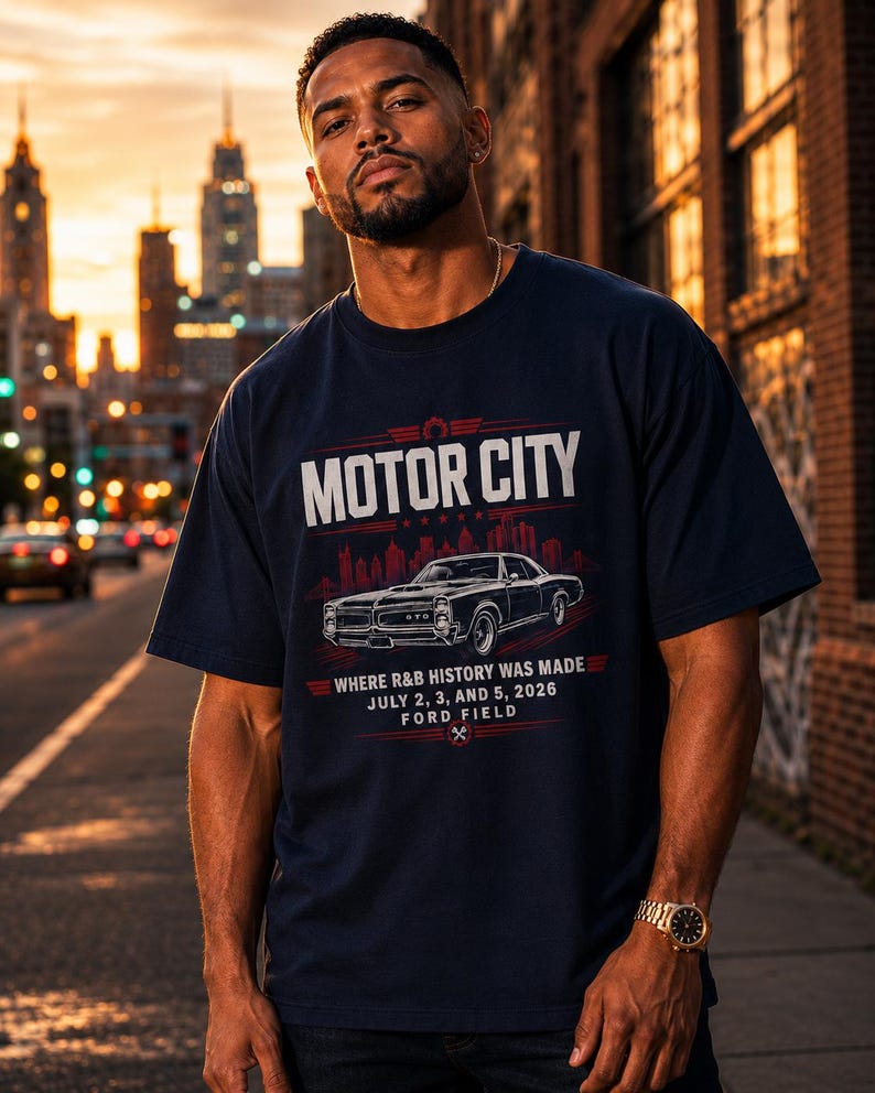 Camiseta clásica de coches de Motor City / Horizonte de Detroit, Ford Field, historia del R&B 2026 imagen 6