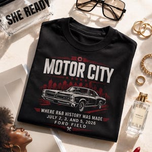 Camiseta clásica de coches de Motor City / Horizonte de Detroit, Ford Field, historia del R&B 2026 imagen 5