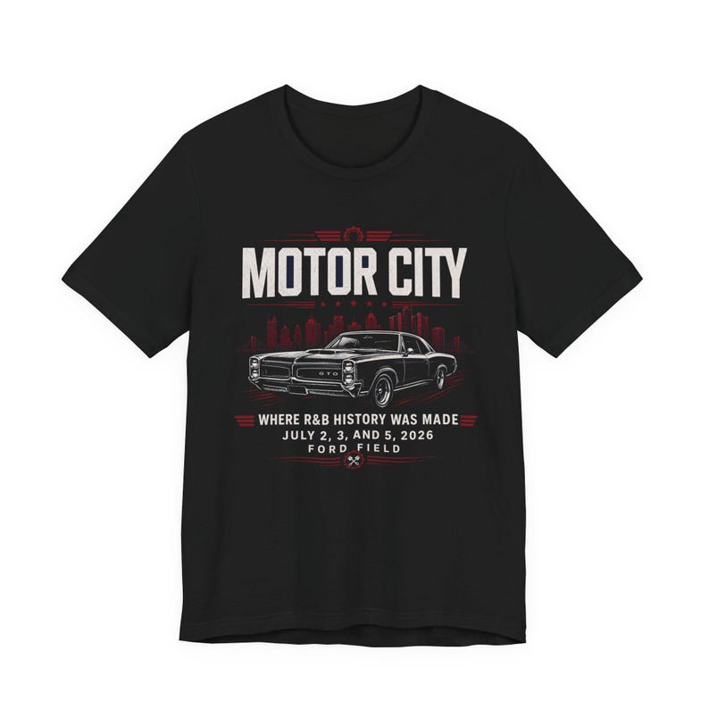 Camiseta clásica de coches de Motor City / Horizonte de Detroit, Ford Field, historia del R&B 2026 imagen 7