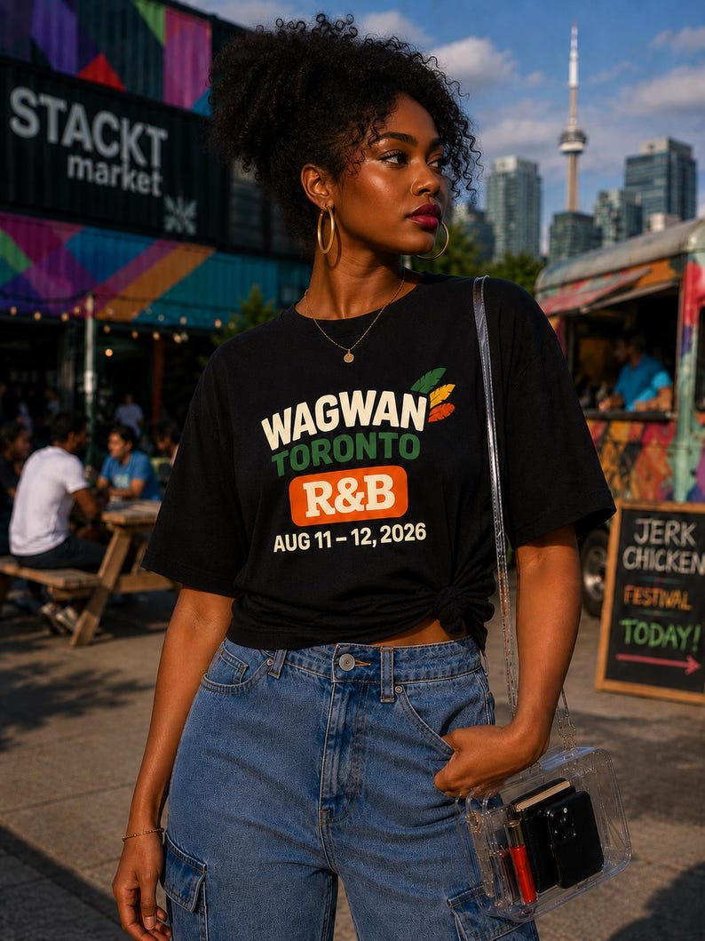 Peut inclure: Un t-shirt noir &agrave; manches courtes avec le texte WAGWAN TORONTO R&B AUG 11-12, 2026 en blanc, vert et orange, orn&eacute; de trois petites plumes aux couleurs rouge, jaune et verte, port&eacute; avec un pantalon cargo en jean bleu et un sac en plastique transparent.
