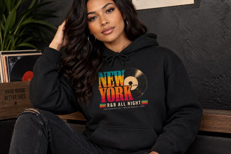 Comfort Colors New York RnB Concert Hoodie, All Night Vintage Graphic for Black Women, Concert Lover Gift image 1