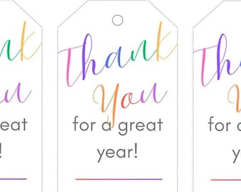 Printable Gift Tags, "Thank you for a great year," Minimalist, Rainbow, 9 Tags per Page, Instant Download, Teacher Appreciation