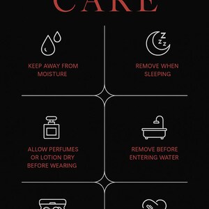 May include: Black graphic with red text reading "Jewelry CARE" and white icons with instructions: keep away from moisture, remove when sleeping, allow perfumes to dry, remove before water, store in a closed box, and remove when active.