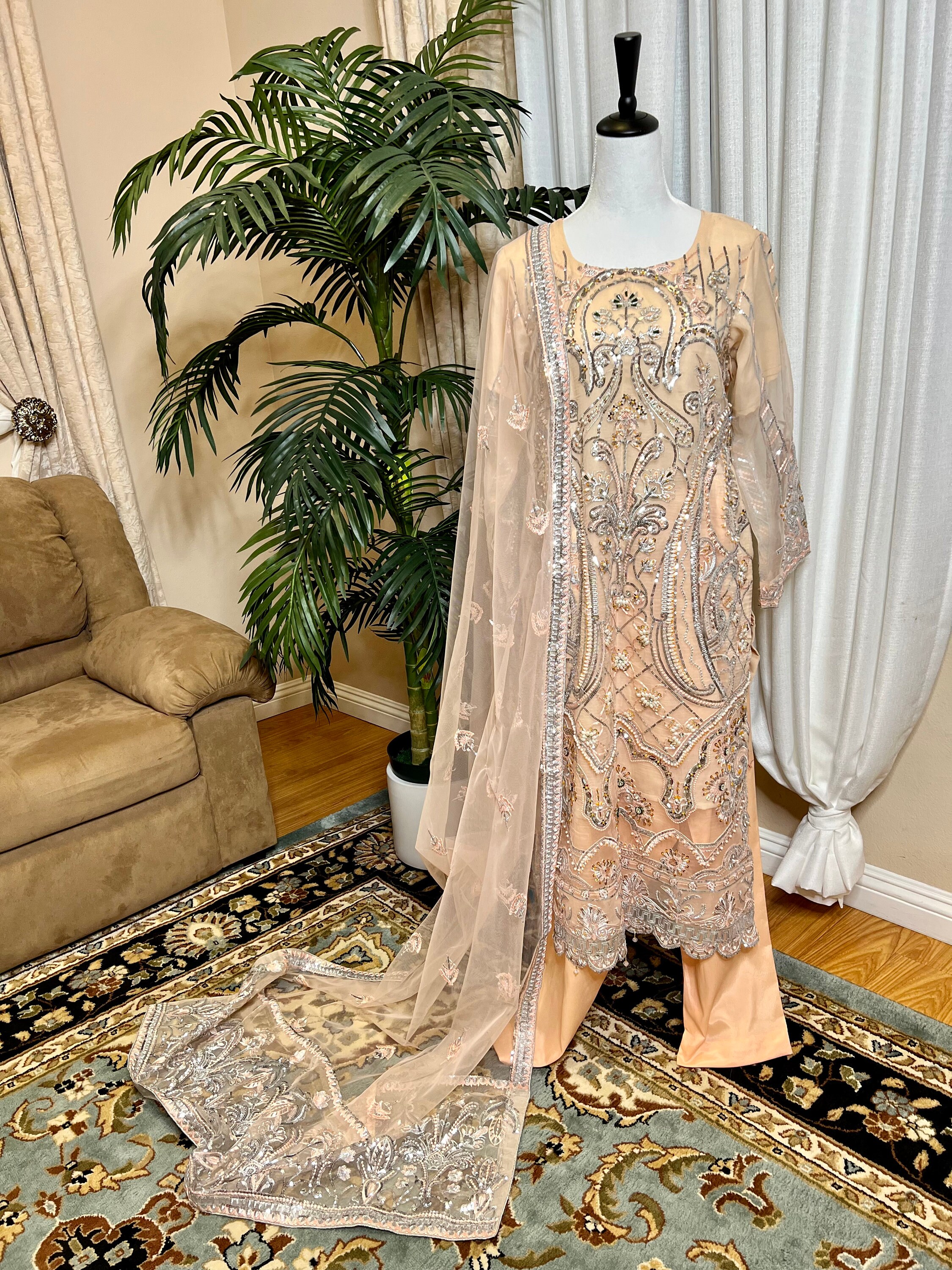 Green Chinon Silk Plazo Suit For Indian & Pakistani Wedding Festival - Thread & Sequence Embroidery main image 1