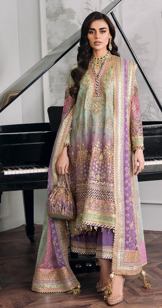 green emerald velvet dress Buy Shoponbit Luxury Pakistani Salwar Kameez, Mint Green and Purple Ombre  with Gold Embroidery, 3 Piece Suit with Dupatta at Amazon.in