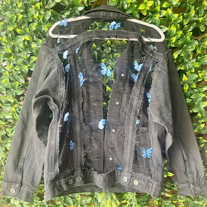 Boho Übergroße schiere blaue Schmetterling Spitze Jeansjacke