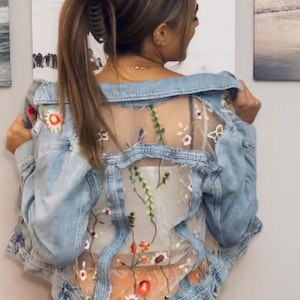 Boho Oversized Sheer Lace Embroidered Denim Jacket