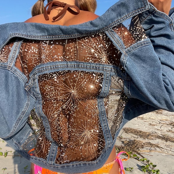 Boho cropped doorschijnend glitter denim jack