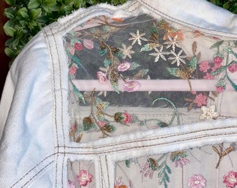 Boho Cropped Sheer Flower Embroidered Lace White Denim