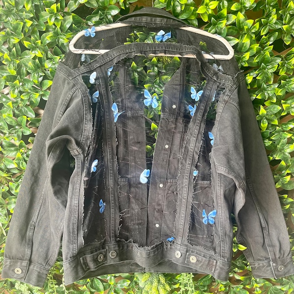 Boho Oversized Sheer Blue Butterfly Lace Denim Jacket