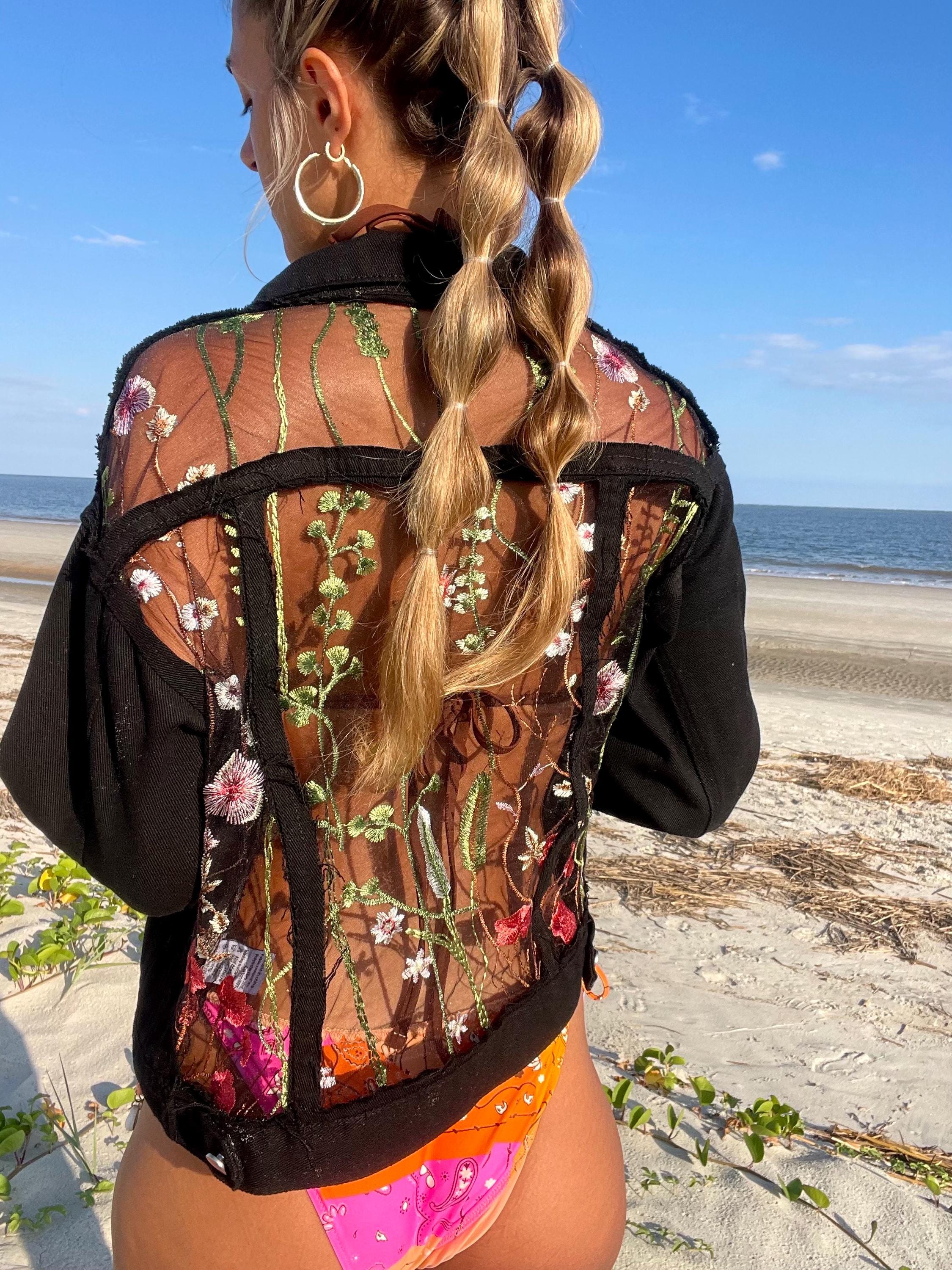 Boho Oversized Sheer Lace Embroidered Black Denim Jacket - Etsy