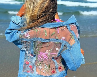 Boho Sheer Lace Floral Embroidered Denim Jacket