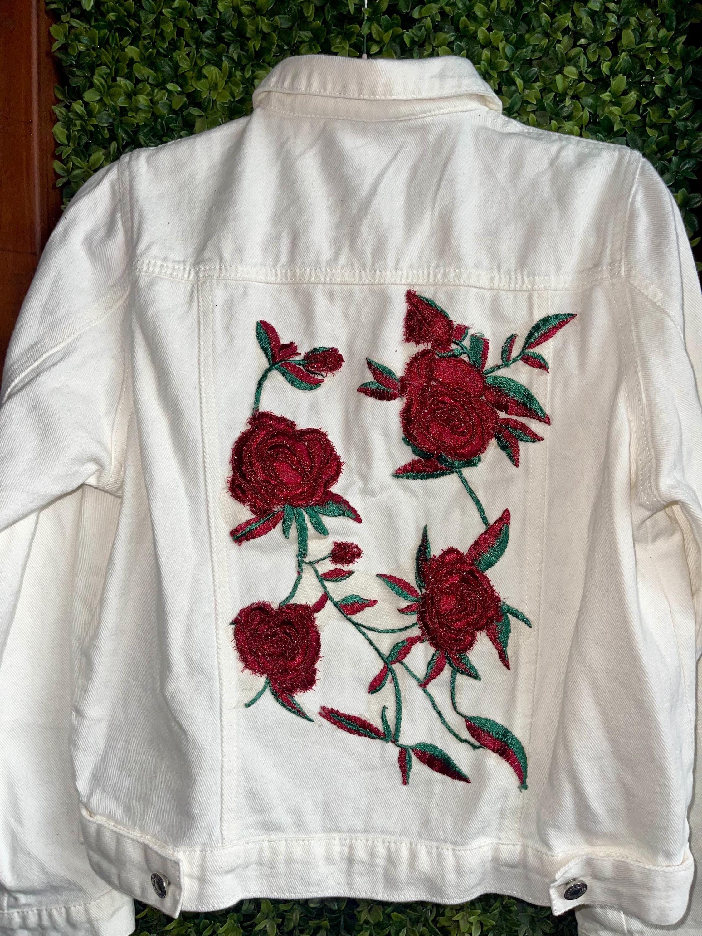r*m様 ROSE EMBROIDERY JACKET AMERI Rose Embroidery Detailed White Denim Jacket - Etsy