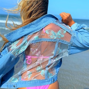 Boho Sheer Dragonfly Embroidered Denim Jacket