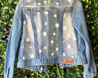 Upcycled Zadig & Voltaire Designer Denim Jacket sheer with Daisies