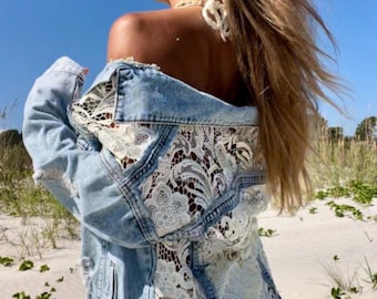 Oversized White Lace Boho Denim Jacket