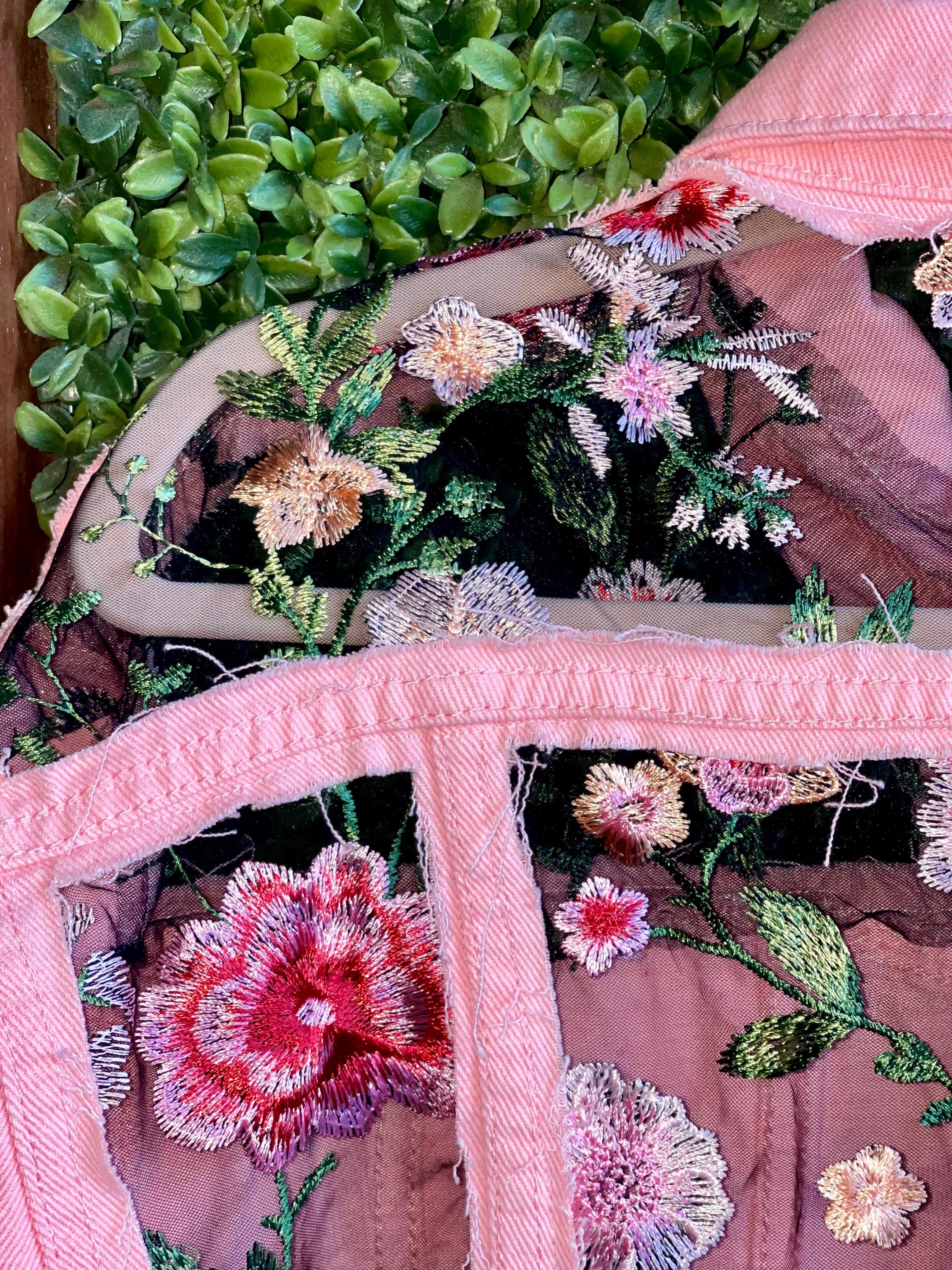 Boho Oversized Sheer Embroidered Pink Floral Denim Jacket - Etsy