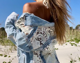 Boho Oversized Sheer White Lace Denim Jacket - Etsy