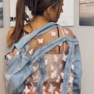 Boho Oversized Sheer Pink Butterfly Lace Denim Jacket