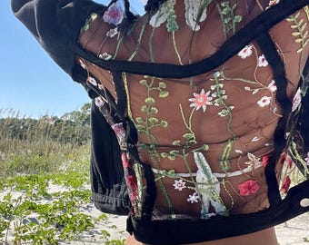 Boho Oversized Sheer Lace Embroidered Black Denim Jacket