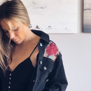 Boho Oversized Sheer Rose Lace Embroidered Black Denim Jacket