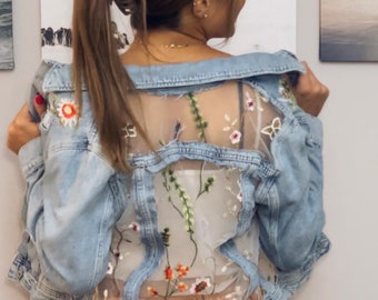 Boho Oversized Sheer Lace Embroidered Denim Jacket