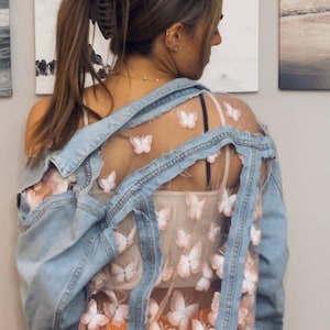 Boho Oversized Sheer Pink Butterfly Lace Embroidered Denim Jacket