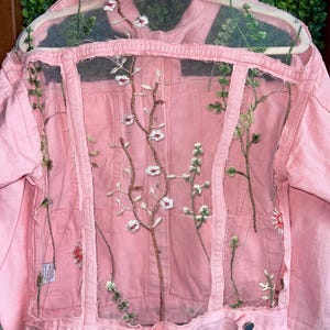 Boho Oversized Sheer Floral and Butterfly Embroidered Pink Denim Jacket