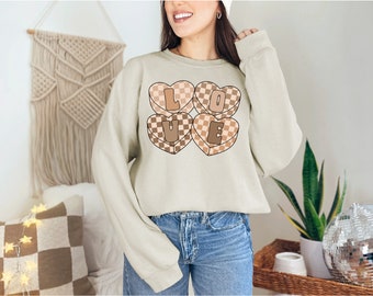 Checkered Love Crewneck Sweatshirt / Neutral Valentines Sweatshirt / Brown Valentines Sweatshirt /