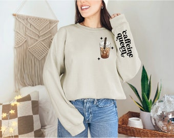 Caffeine Queen Crewneck Sweatshirt / Iced Coffee Sweatshirt / DC Sweatshirt / Sleeve Design /