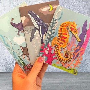 Ocean greetings card | seahorse, turtle, whale, manta ray | birthday card | recycled paper | illustration