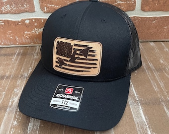 Sombrero de caza, gorra con parche de cuero de camuflaje para caza de patos al aire libre, regalo para cazador, gorra de camionero Richardson 112, gorra de camuflaje Yupoong, regalo para él
