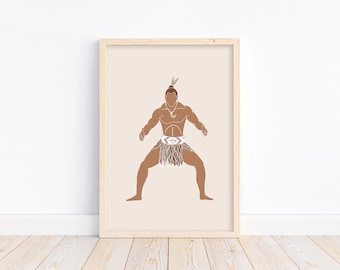 Maori Warrior Print | Polynesian Dance, Neutral Island Art (Digital Download)