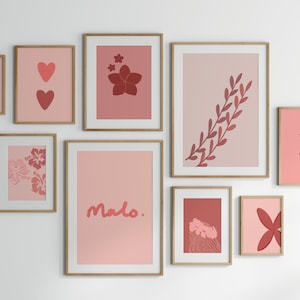 May include: A collection of nine framed prints featuring pink and red floral and abstract designs. The prints showcase various floral motifs, including hibiscus, hearts, and leaves. One print displays the word "Malo" in red.