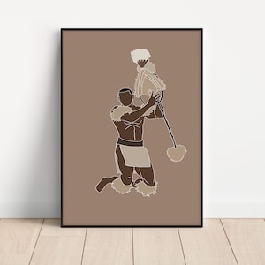 May include: A digital illustration of a person in a brown and white outfit holding a large, white, feathery object. The background is a light brown colour.
