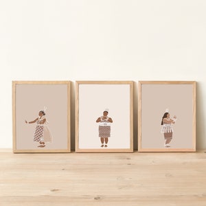 3x Tongan Girls Group Cultural Dance Prints |Beige + Neutral Cultural Print| Pacific Island Dance Series