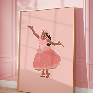 May include: A digital illustration of a woman in a pink dress and flower lei, performing a hula dance. The background is a light pink colour.