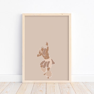 May include: A digital illustration of a person in a traditional dance pose, with brown skin and a brown and white patterned outfit. The illustration is on a beige background.