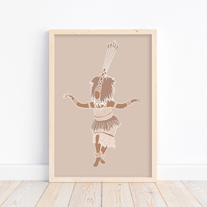 May include: A digital illustration of a person in a traditional dance costume. The person is wearing a headdress with feathers and a skirt with fringe. The background is a light brown color.