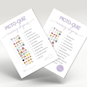Juego de baby shower con rimas infantiles, color lila y morado, con preguntas y respuestas, minimalista, moderno, descarga instantánea, imprimible