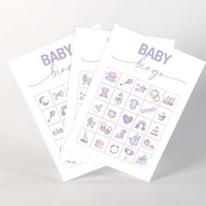 Gioco del bingo per bambini lilla e viola / Gioco del bingo per baby shower minimalista / moderno con immagini / Download immediato / Stampabile