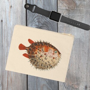 Zippered Canvas Pouch with Pufferfish, zipper accessory pouch, canvas cosmetic pouch, toiletry pouch, zippered travel bag