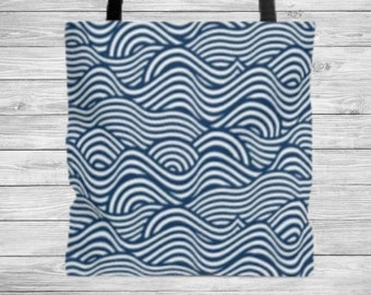 Wave Tote Bag, basic beach tote bag with wave line pattern, blue nautical design tote bag