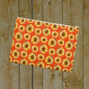 Sunflower Fields Zippered Pouch - Orange Background All Over Print, flat zippered accessory pouch, toiletry pouch, cosmetic pouch