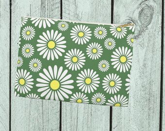 Green and White Daisy Zippered Pouch, flat zippered accessory pouch, toiletry or cosmetic pouch, great gift for nature or flower love